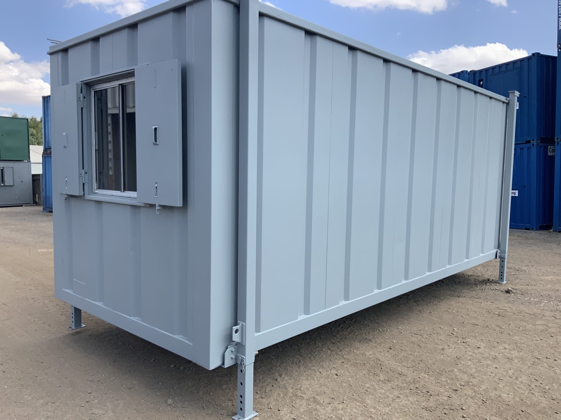 Freshly refinished Squirrel Grey 20ft anti-vandal jack leg site office KNG71123 showing modern exterior finish and secure steel construction.