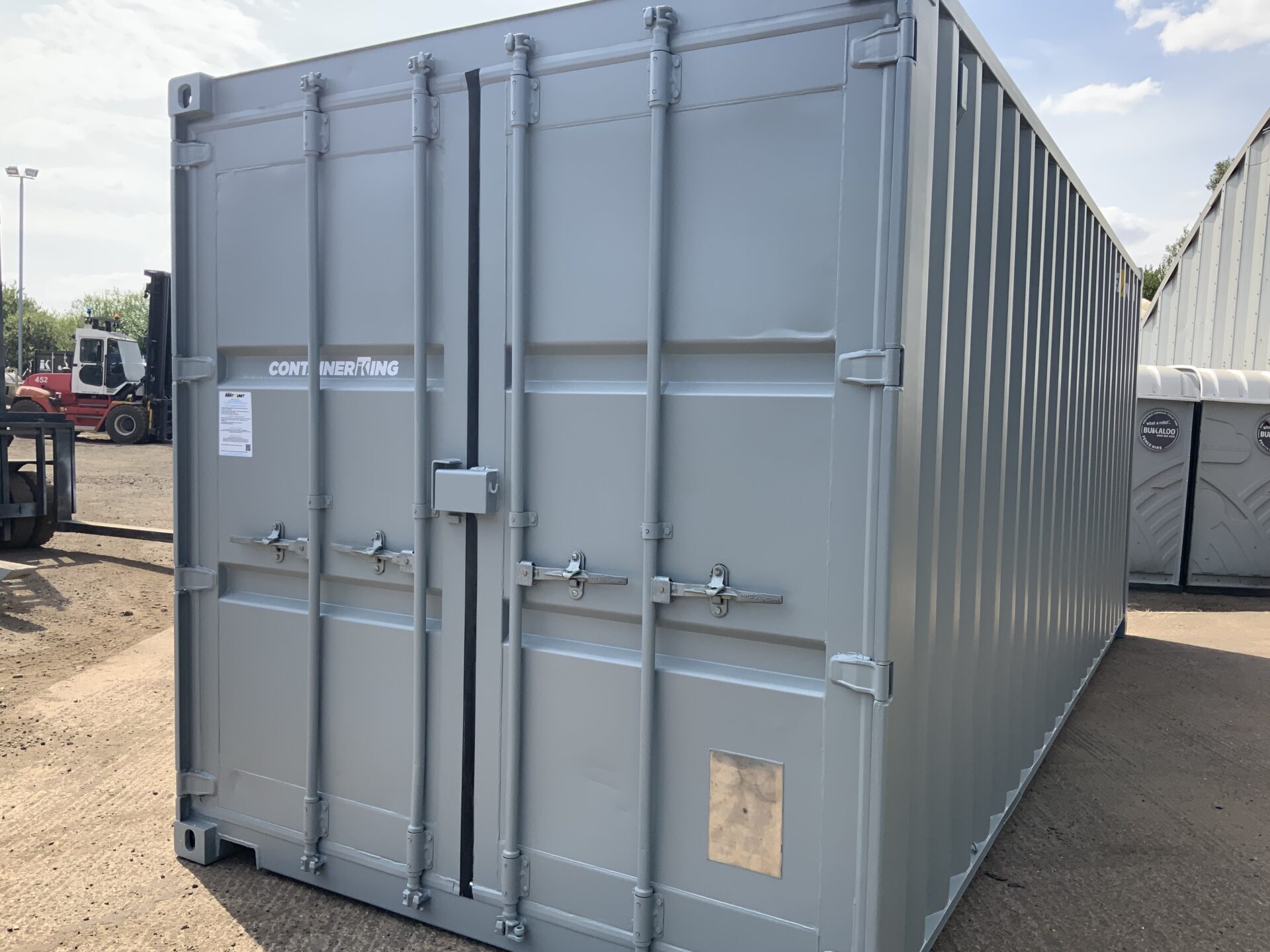 "Refurbished 20ft ISO shipping container in Squirrel Grey with security lock box, excellent roof condition and marine plywood floor."