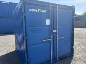 Premium 8ft CONTAINEX® steel storage container finished in RAL5010 blue with double doors, lock box and excellent exterior condition.