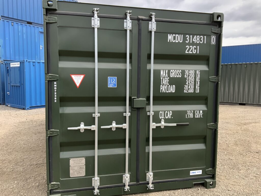 Immaculate RAL6007 bottle green one-trip 20ft ISO shipping container in outstanding condition with factory finish and full ISO specification.