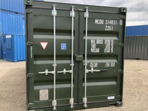 Immaculate RAL6007 bottle green one-trip 20ft ISO shipping container in outstanding condition with factory finish and full ISO specification.