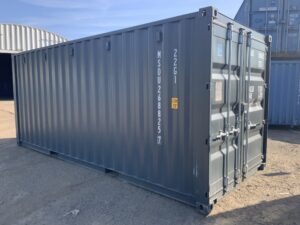Brand new light grey 20ft one-trip ISO shipping container KNG72389 viewed from the front and side in the ContainerKingยฎ yard, Lincolnshire.