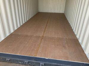 Brand-new light grey 20ft one-trip ISO shipping container KNG72384 showing immaculate natural marine plywood floor and premium internal condition.