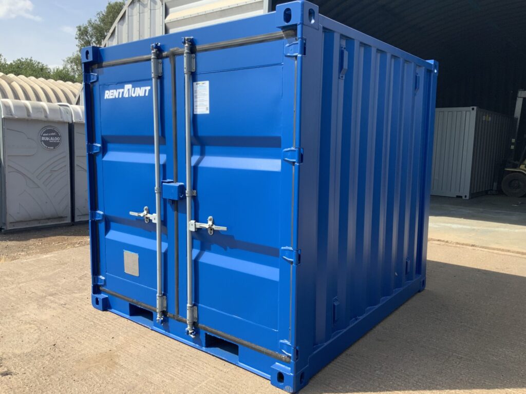 "Professionally refurbished 7ft x 8ft ISO steel storage container in RAL 5010 blue with compact footprint and genuine ISO construction."