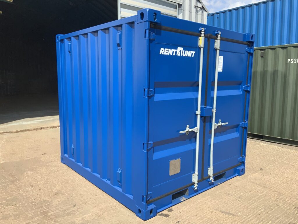 Professionally refurbished 7ft ISO shipping container KNG70907 finished in RAL5010 Gentian Blue with fitted electrics and immaculate external condition.