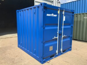 Professionally refurbished 7ft ISO shipping container KNG70907 finished in RAL5010 Gentian Blue with fitted electrics and immaculate external condition.